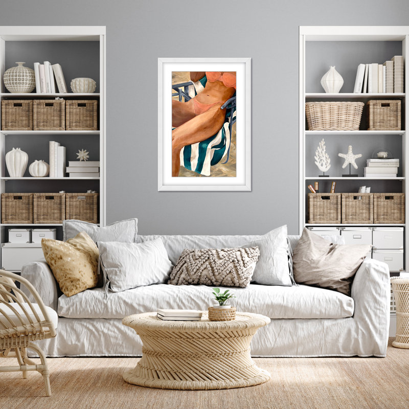 Coastal Retreat Riviera Retreat: Woman Lounging On Beach Towel And Chair, 24" H x 16" W