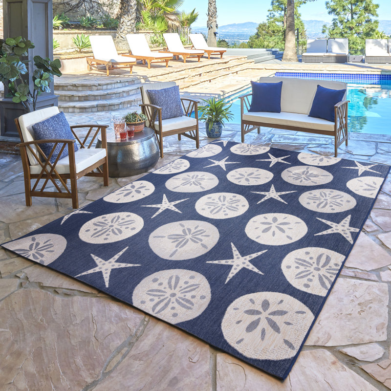 Solterra Solina Blue Beige Cream Nautical Tropical Starfish Flatweave Polypropylene Indoor/ Outdoor Area Rug