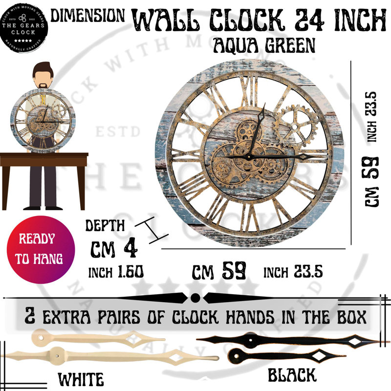24" Aqua Green and Bronze Industrial Wall Clock with Moving Gears