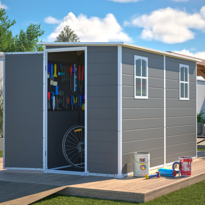 Remise extérieure en plastique 4 x 10 pi avec toit en métal, conception verrouillable imperméable et 2 fenêtres pour le rangement dans la cour, le patio et le jardin
