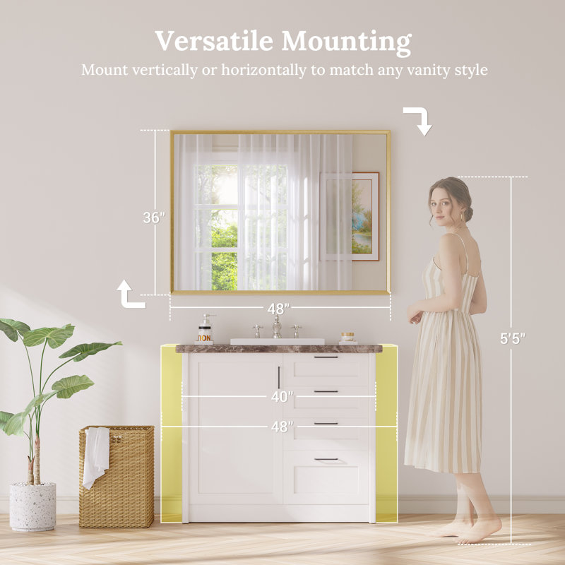 Bathroom Vanity Mirror with Tempered Glass and Aluminum Frame, Brushed Gold, 36" x 48"