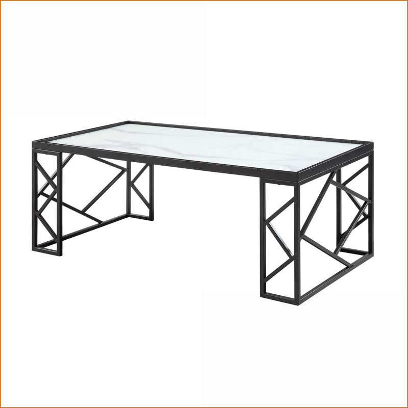 Ensemble de 3 tables basses modernes avec dessus en verre et marbre blanc Cadre en métal noir pour le salon, assemblage facile