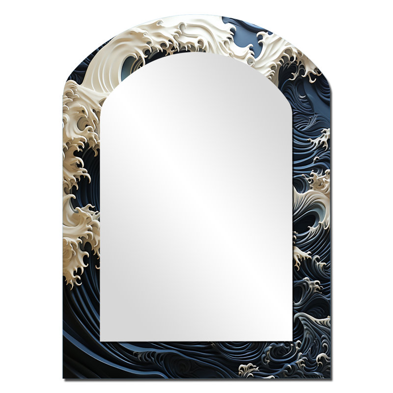 Abstrait bleu et blanc océan tempête - miroir asymétrique côtier, miroir mural décoratif arche bleue, impression d'art en métal