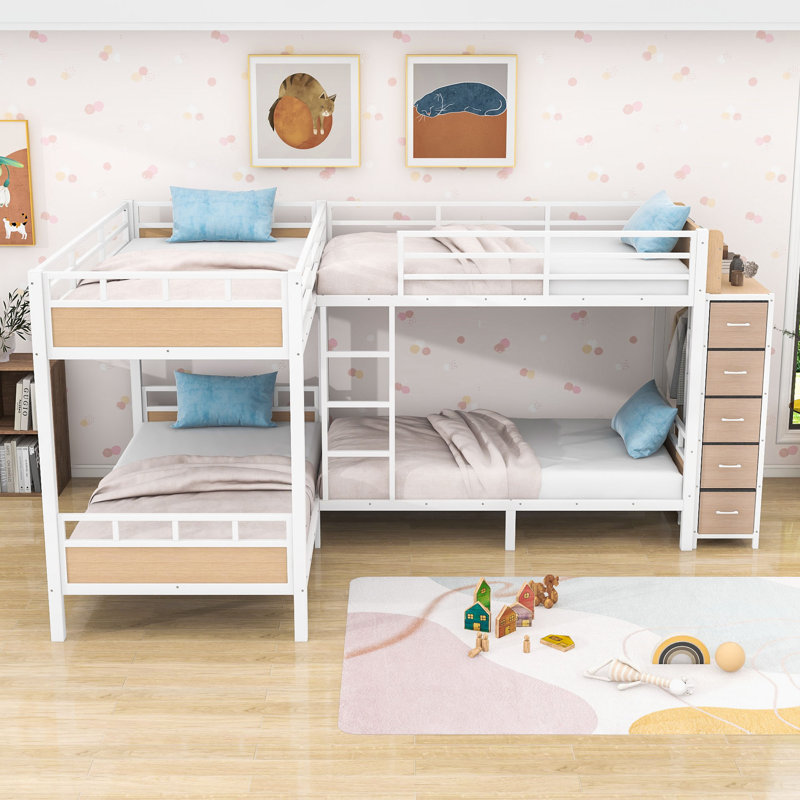 Lit superposé simple en métal avec 5 tiroirs, armoire ouverte et tablettes Quad, White