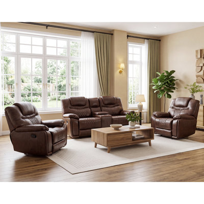 Jepum 3 - Pieces Classic Leather Living Room Set Recliner Chair with Cupholder & Storage