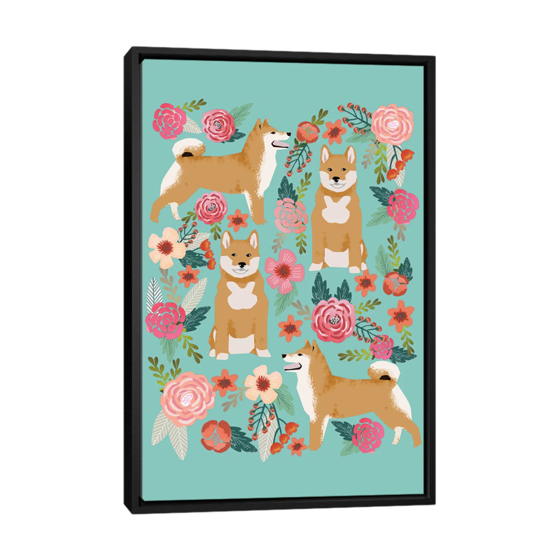 Collage floral shiba shiba, impression sur toile tendue, H 48 po x l 32 po x P 1,5 po, Toile avec cadre noir, Pas de tapis