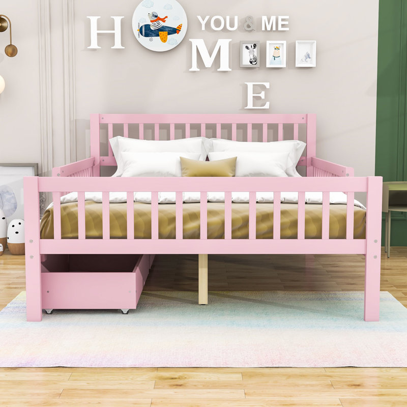 Lit plateforme en bois avec deux tiroirs de rangement et tête de lit Aytan, Rose, Full