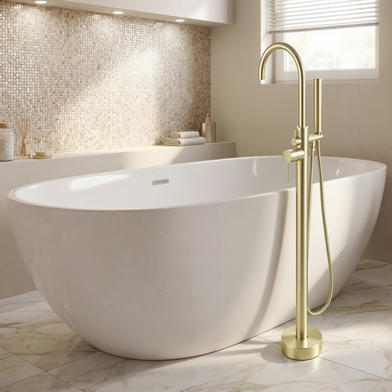 Free Standing Tub Faucet, High Flow Freestanding Bathtub Faucet with Handheld Shower & Gooseneck Spout, 360°Swivel Tub Filler, Brass Body