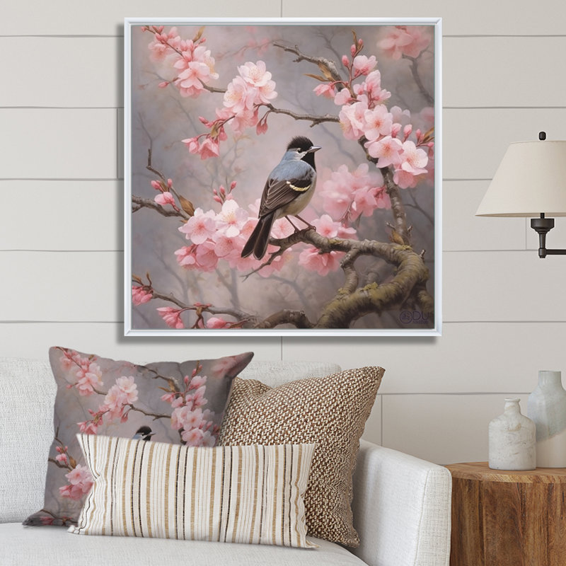 «Bluebird On Blossom Cherry I» sur toile, Cadre flottant blanc, H 36 po x l 36 po x P 1,5 po