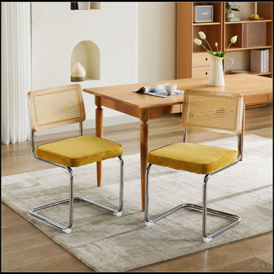 Mid Century Modern Dining Chairs Set of 2, Velvet Upholstered with Natural Cane Back and Stainless Chrome Base, for Elegant Dining