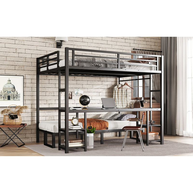 Queen Over Twin XL Metal Bunk Bed/Loft With Desk, Shelves, And Sofa Conversion, LED And USB Ports
