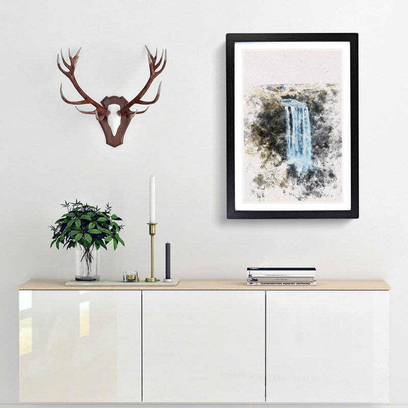 Skogafoss Waterfall Iceland - Picture Frame Painting Print, 33cm H x 24cm W x 2cm D, Black Framed