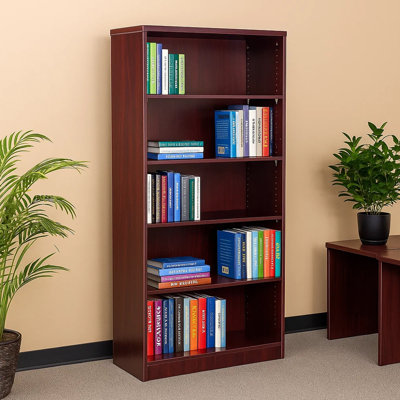 Vin 5 Shelf Bookcase, 65 Inch Tall, Mahogany Red Wood Fused Melamine
