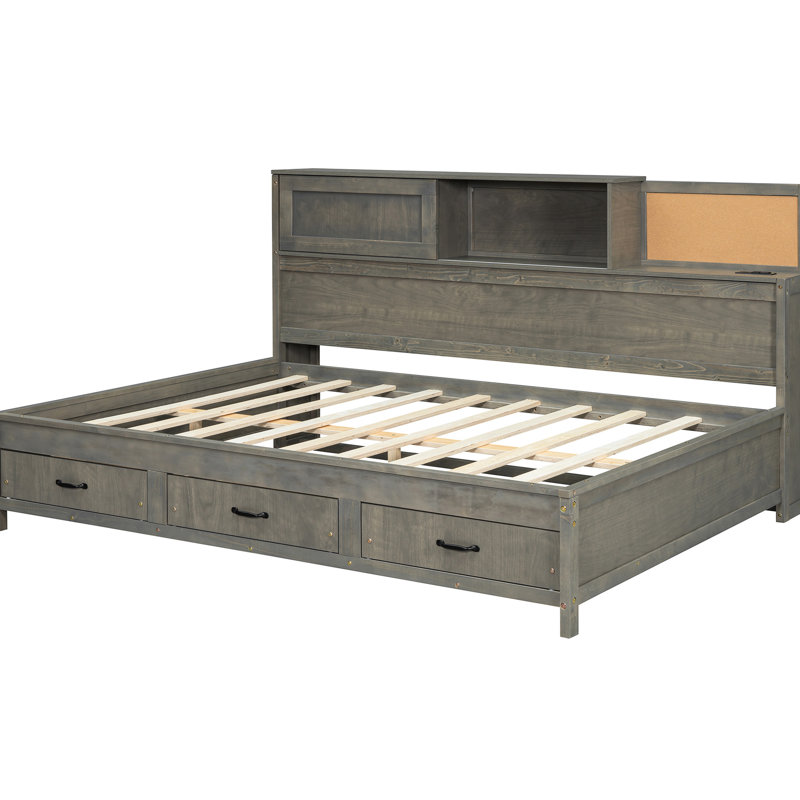 Lit de jour pleine grandeur en bois de couleur grise, livré avec 3 tiroirs de rangement, tête de lit souple et dispositif de chargement pour gadgets mobiles, tablette, douilles Tech