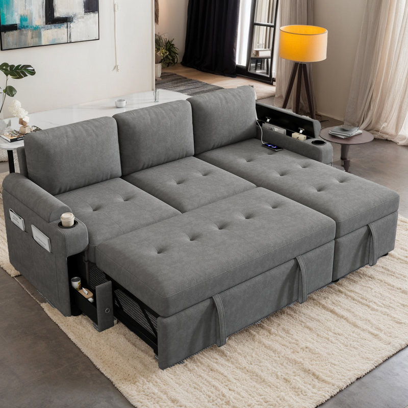 83.5" L-shaped Sofa Couch Convertible Sofa Bed Sectional Sofa with Ample Storage  Space, Two Cup Holders and Two USB Ports for Living Room