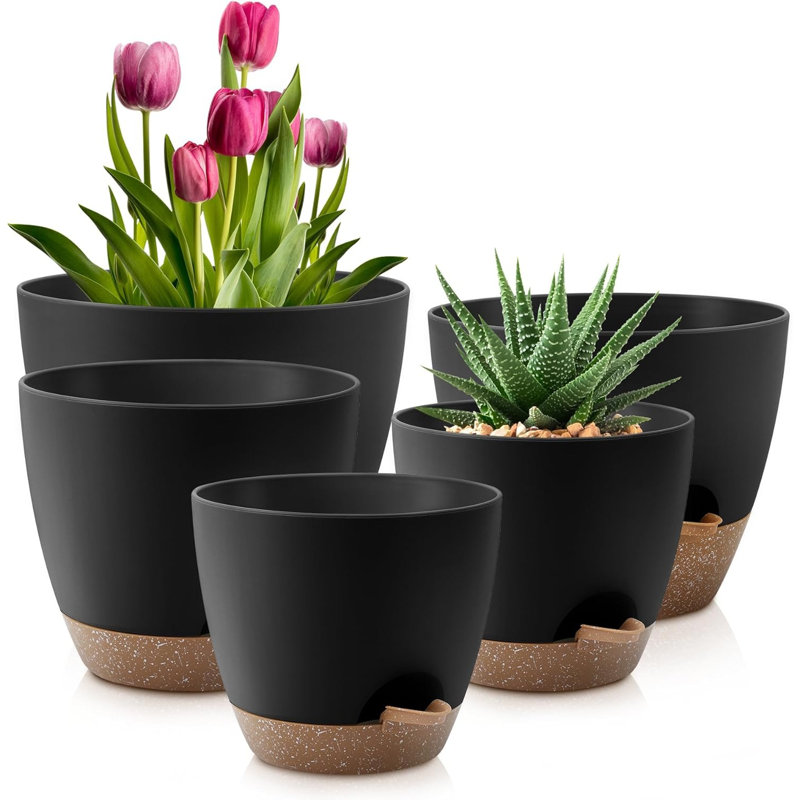 Ensemble de 5 pots à fleurs en plastique avec soucoupes noires et noires