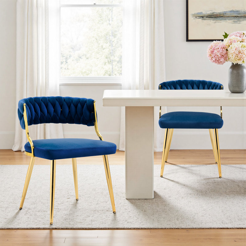 Christal 2 Piece Tufted Velvet Curved Weaved Back with Metal Legs Side Dining Chair Set, Navy Blue