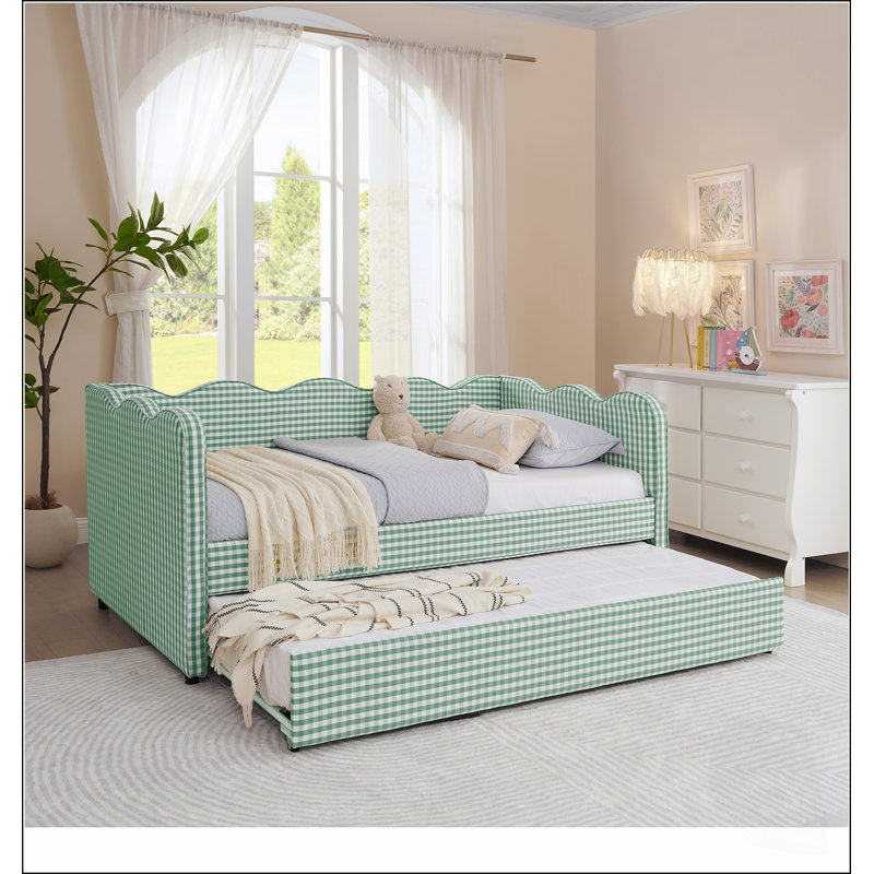 Lit de jour en vichy douillet avec couchette, port USB et conception adorable en forme de vague, aucun sommier nécessaire, tissu en lin