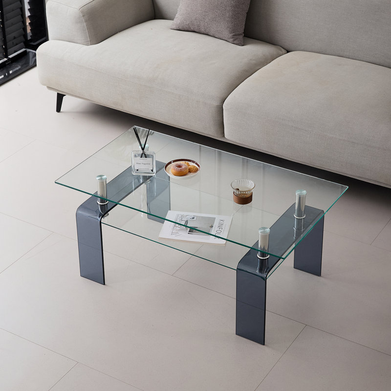 Table basse moderne à 2 niveaux en verre trempé avec tablette de rangement | Table centrale peu encombrante pour le salon et les petits espaces
