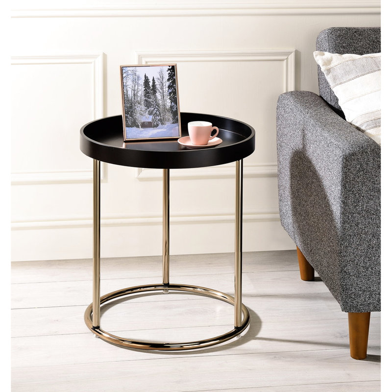 , Base en bois compressé, table d'appoint à bord arrondi de 21,92 po, pieds en métal cuivré, matériau Mid-Century de 21,92 po, pieds et panneau en acrylique à assembler