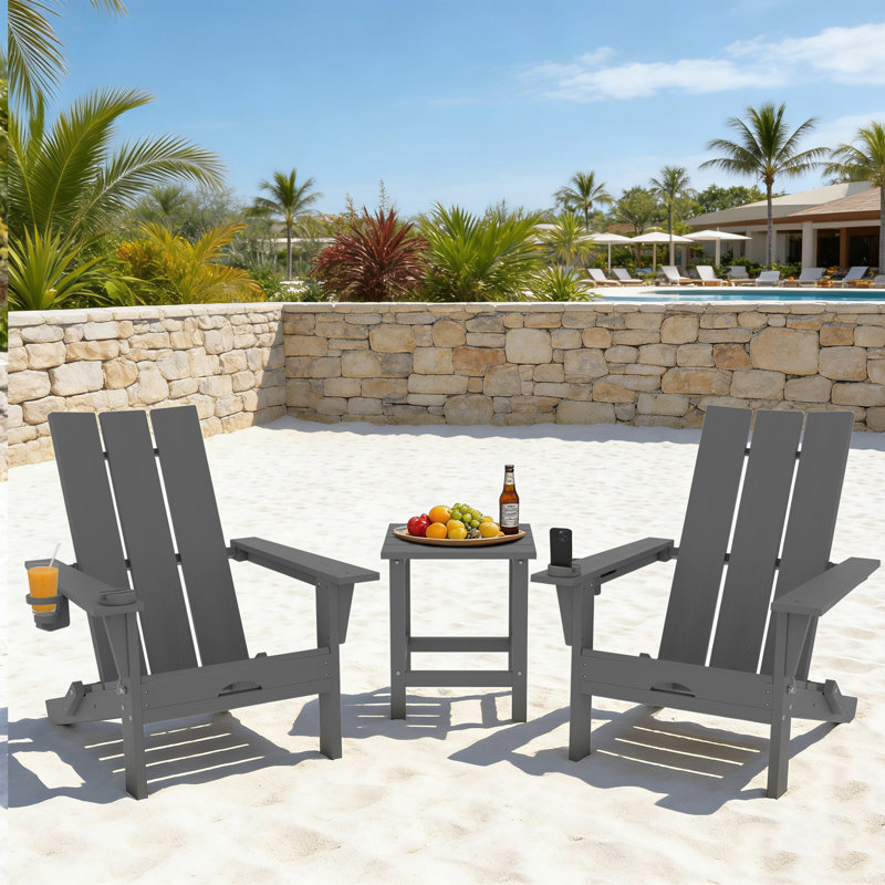 2 - Person Outdoor Folding Adirondack Chair Set With Side Table, Gray