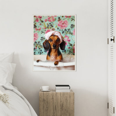 «Bath Time Dachshund» par Keyshanna, reproduction d'art sur toile encadrée