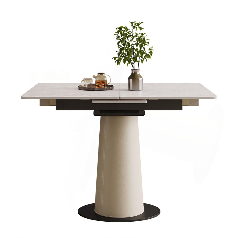 Table de salle à manger rétractable à dalle de roche pliante, table carrée extensible moderne avec base en acier inoxydable revêtue de cuir, table de cuisine à double usage pour les petits appartements