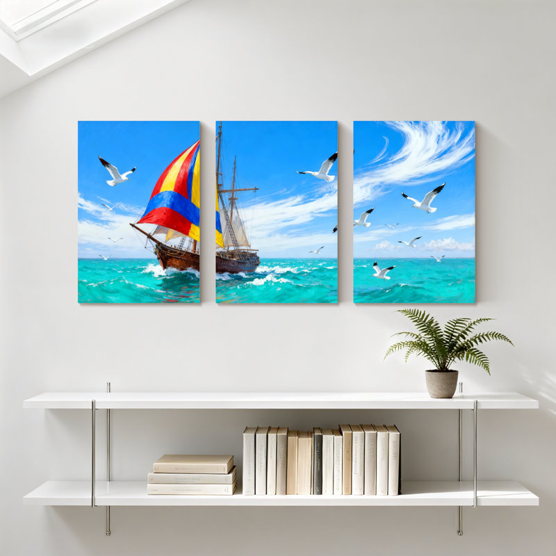 Ensemble de 3 impressions sur toile, voilier nautique avec voiles colorées sur vagues de l'océan, H 24 po x l 48 po