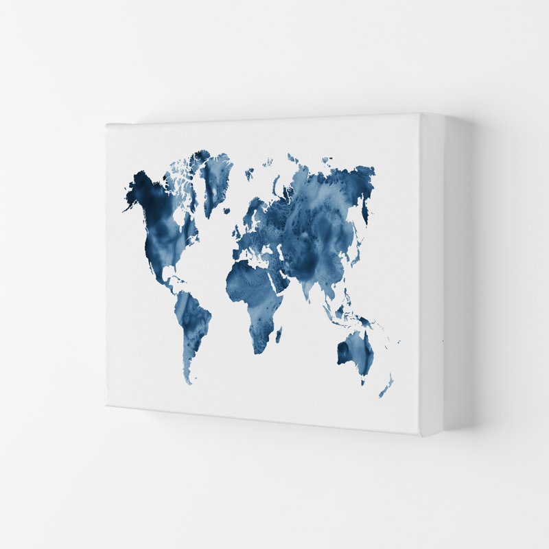 Watercolour World Map - Blue - Print, Wrapped Canvas, 29.7cm H x 21cm W x 4cm D