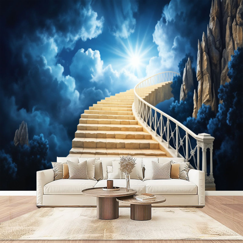 Papier peint adhésif pelez et collez, "Escalier vers le ciel au milieu des nuages bleus", "Falaises rocheuses", auto-adhésif et amovible