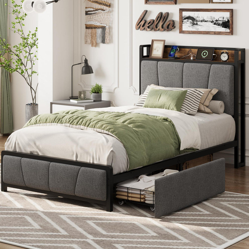Twin XL Platform Bed with Storage Headboard and Charging Station - Linen Upholstered Frame with Drawers, USB & Type-C Ports, No Box Spring Needed, Light Grey