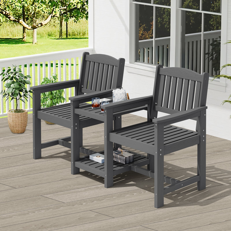 HDPE All-Weather Outdoor Adirondack Chair With Double-Layer Table, Gray