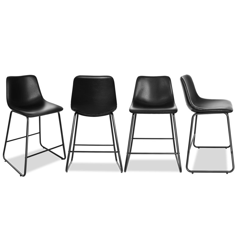 Ensemble de 4 tabourets de bar 17 étages, hauteur de tabouret de comptoir en similicuir moderne sans accoudoirs avec base en métal, noir