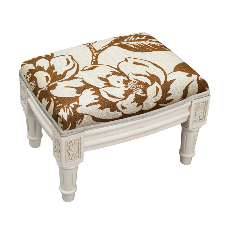 Camary Upholstered Ottoman, White, Caramel Magnolia Linen Blend