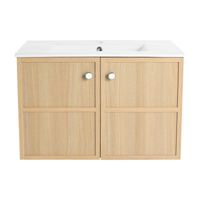 Meuble-lavabo de salle de bain 30 po - Contreplaqué de chêne, lavabo en céramique, 2 portes, grande capacité de rangement, facile à assembler en contreplaqué, volume généreux, travaux d'assemblage simples