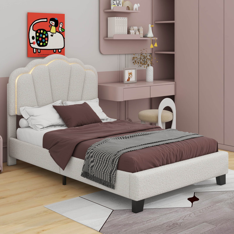 Upholstered Flower-Shape Bed, Elegant Flowers Headboard With LED Light Strip, Twin, Velvet White
