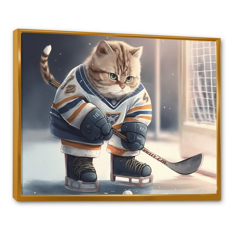 Dessin animé «Hocket Cat on Ice Rink I», impression sur toile, H 12 po x l 20 po x P 1 po, Toile avec cadre flottant or
