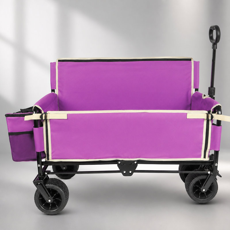 Chariot pliable 3-en-1 avec banquette et rangement, roues tout-terrain robustes pour une utilisation extérieure polyvalente