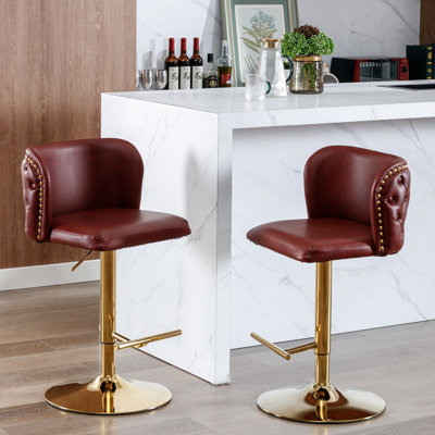 Pivotant bourgogne avec siège réglable, revêtement et dossier en polyuréthane moderne pour bistro, îlot de cuisine (d'une hauteur de 2 sièges, dossier rembourré, bistro (paire))