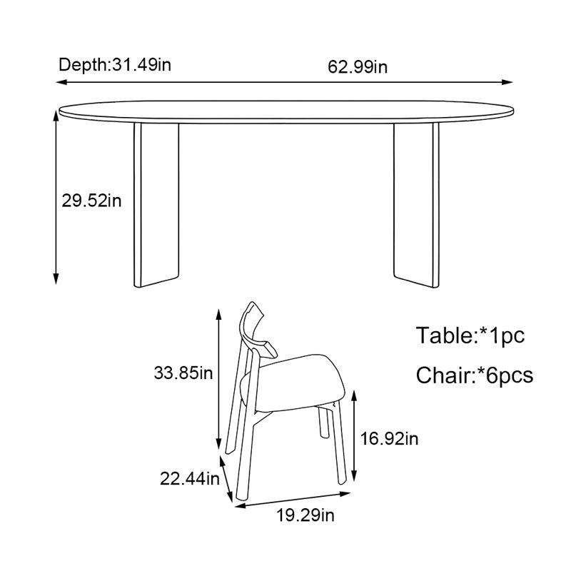 Ensemble de table de salle à manger ovale en bois de frêne, H 29,52 po x L 62,99 po x l 31,49 po