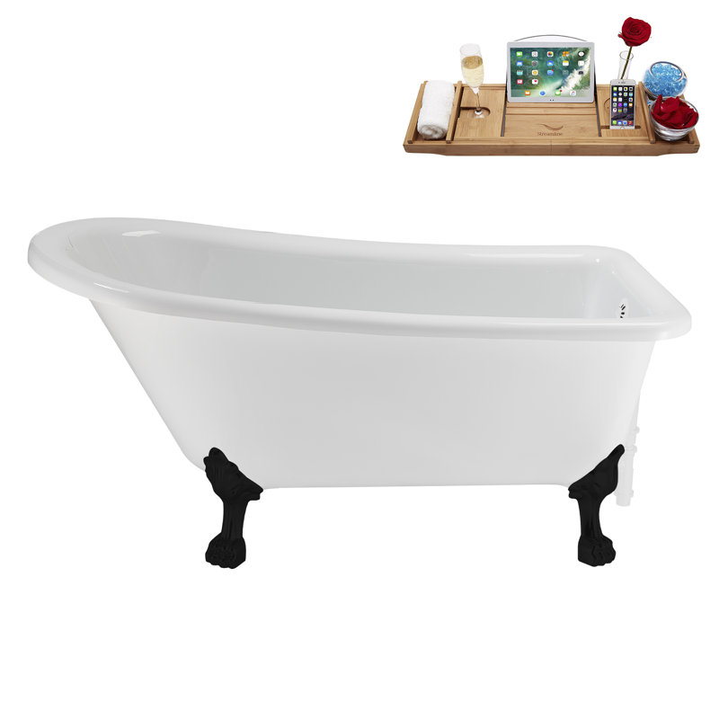 58" Streamlin Clawfoot Tub,Tray,Drain, Clawfeet, Matte Black, Glossy White