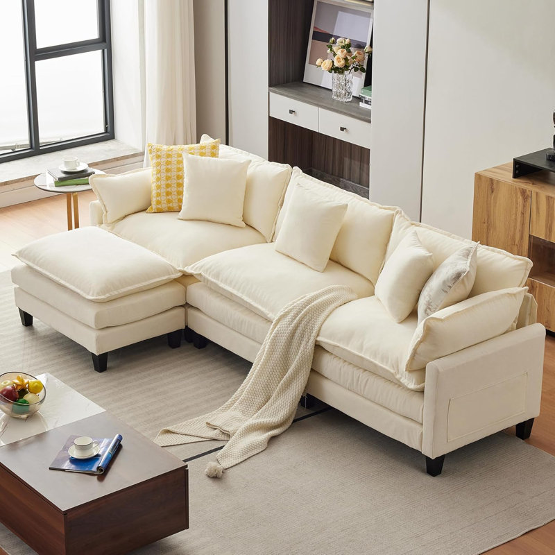 112" Modular Sectional Sofa, L-Shape Cloud Couch/Deep Seat/Armrest/Plush Corduroy Fabric, No Assembly Required, Space-Saving, 170 Pounds Boneless Compression Sleeper Sofa For Living Room
