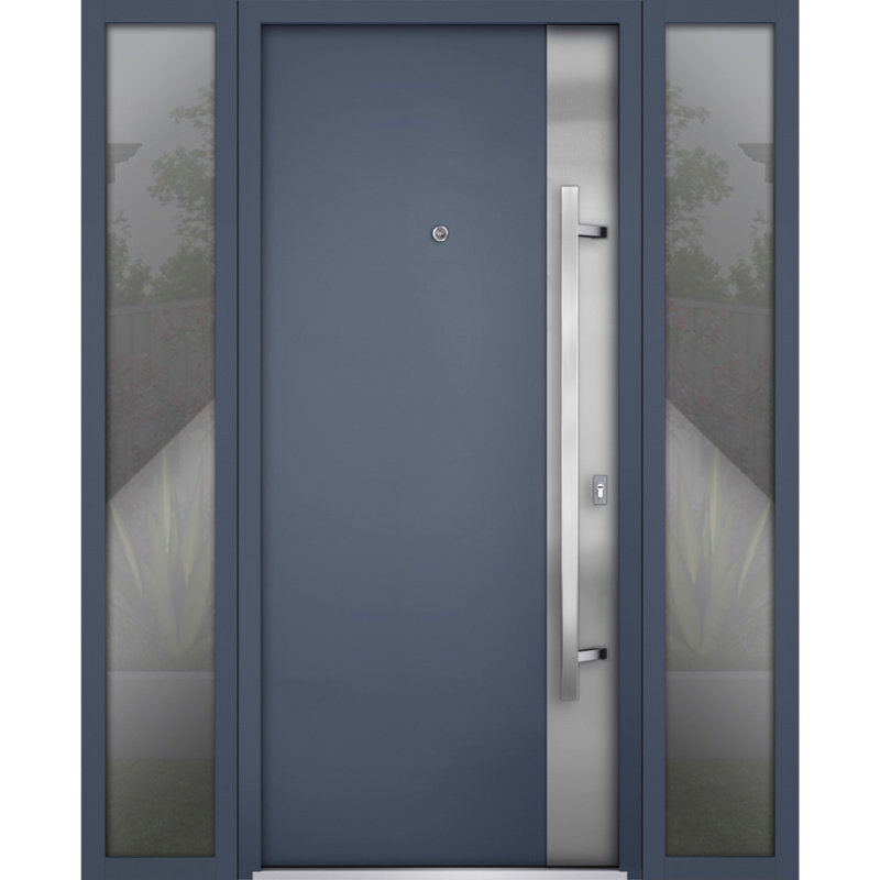 Porte avant en acier pré-suspendue à l'avant / deux graphites gris 0729/2 fenêtres extérieures latérales / inserts en acier inoxydable simples peints modernes - l 12 + 36 + 12 po x H 80 po - Gauche