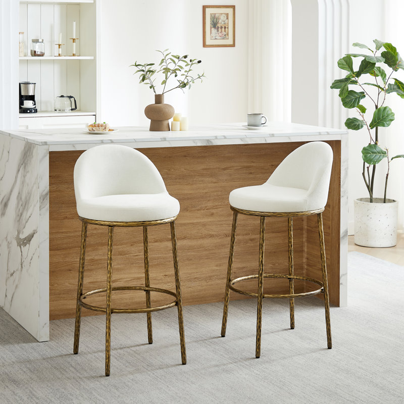 Urbina Modern Glam Forged Iron Bar Stool with Hammered Metal Legs, Beige Cushion/Forged Brass Frame