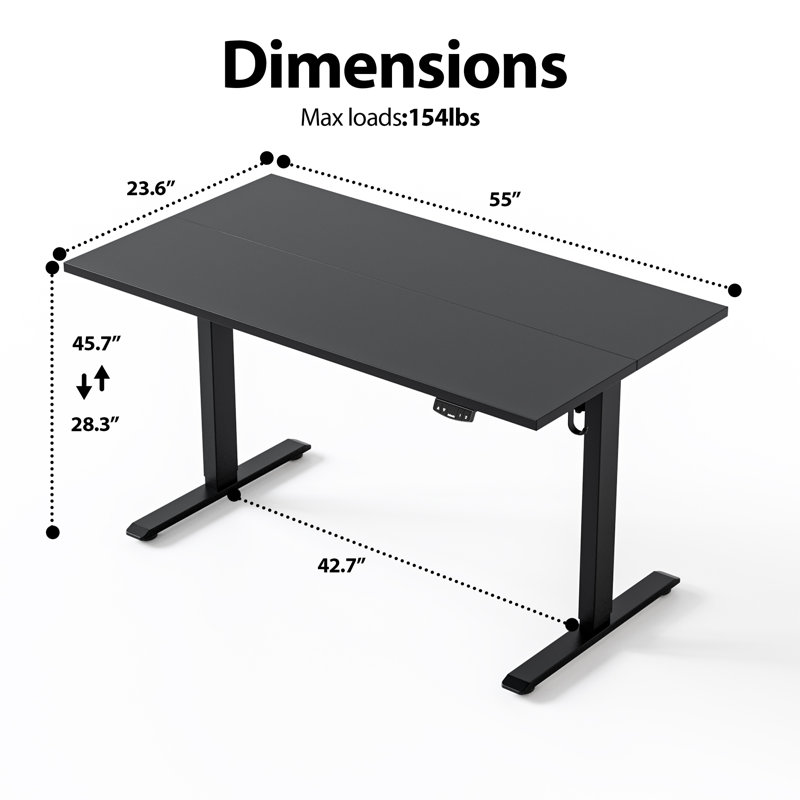 Bureau debout à hauteur ajustable électrique de 55 po avec contrôleur de mémoire, Noir, H 45,7 po x l 55 po x P 24 po