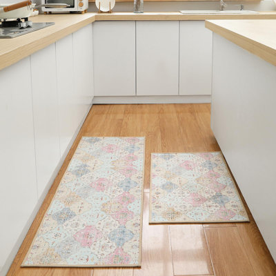  Boho Floral Kitchen Rugs and Mats Set of 2 PCS, Non Slip Washable Mats for Floor, Absorbent Runner Rug for Kitchen, Hallway, Laundry, Front of Sink, 18"x 28"+18"x 71"