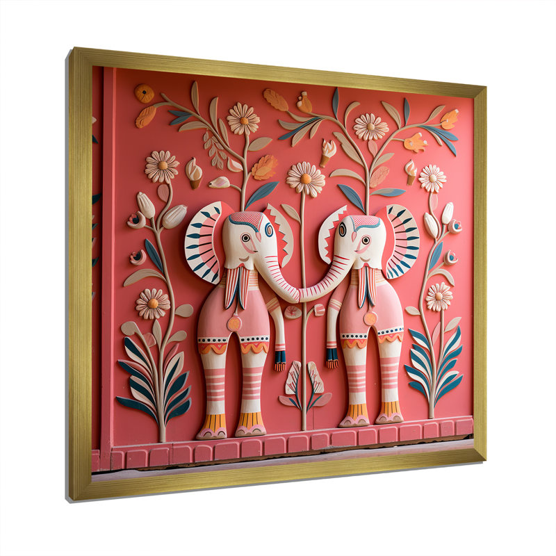 Art indien, éléphants de Jaipur 1 - Art mural indien, Cadre doré simple, H 36 po x l 36 po x P 1,5 po