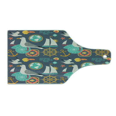 Ambesonne Sailing Tempered Glass Cutting Board Sea Life Fish Gull Slate Blue Multicolor