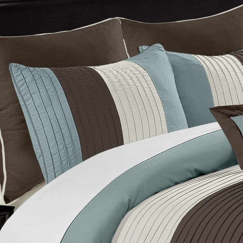 Loft 8-Piece Pleated Stripe Microfiber Comforter Set, California King Comforter + 2 King Shams, Blue