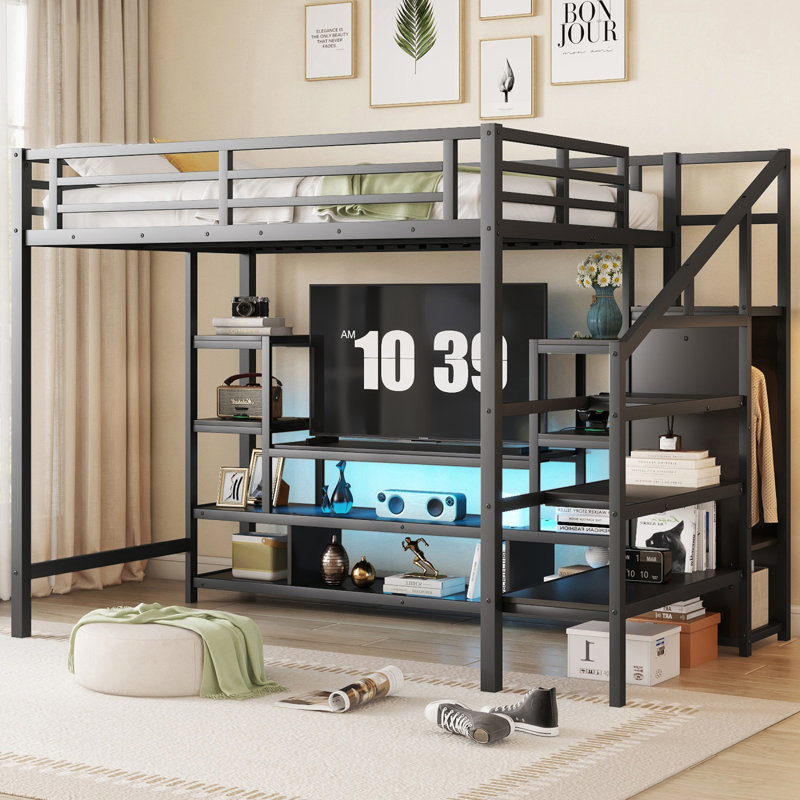 Full Size Metal Loft Bed With TV Stand, Metal Loft Bed With Staircase And Wardrobe, Kids Full Size Loft Bed, Black (Expect Arrival Date 2025/3/22)